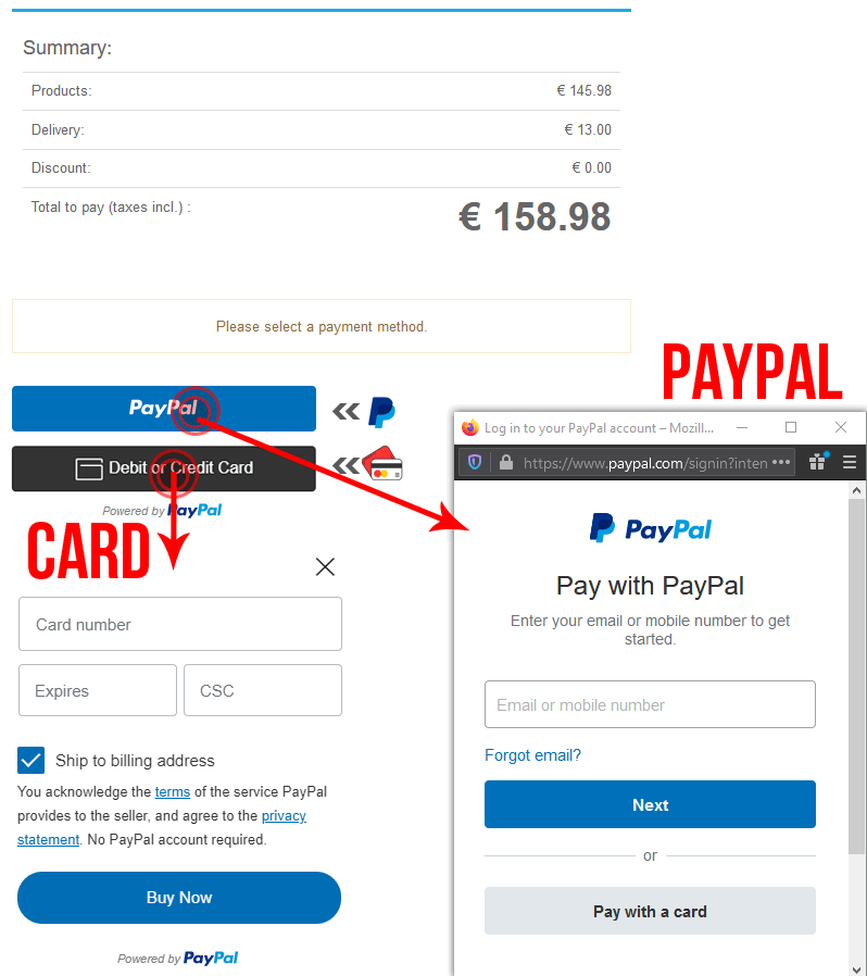 Payment paypal and card instruction